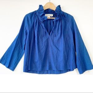 Caron Callahan blue indigo ruffle collard linen cotton Elizabeth top